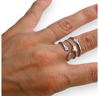 Bague acier étoile coeur lune argenté