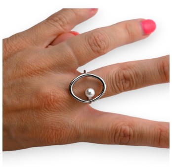 Bague acier argenté ovale et perle