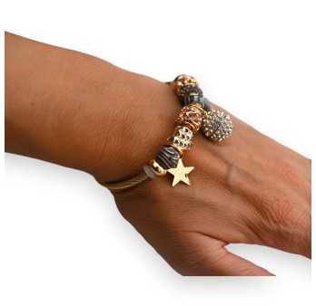 Bracelet rigide gris et doré charms boule strass