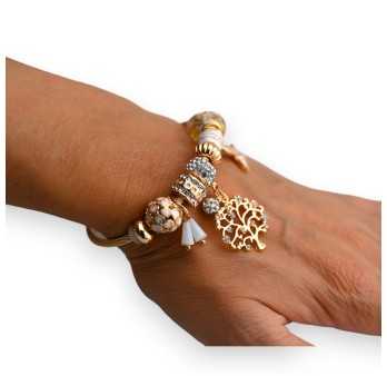Bracelet charms rigide doré et blanc arbre de vie