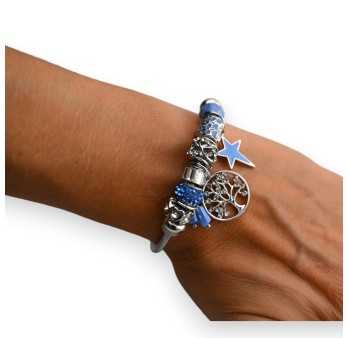 Bracelet charms rigide bleu argenté arbre de vie