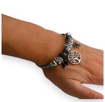 Bracelet charms rigide argenté et noir arbre de vie