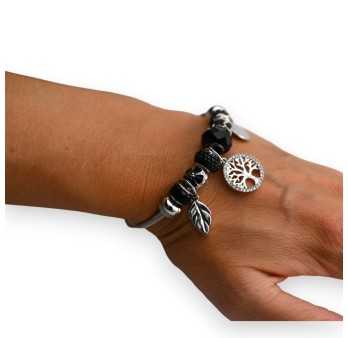 Bracelet charms rigide noir et argenté arbre de vie