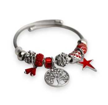 Bracelet charms rigide rouge et argenté arbre de vie