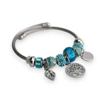 Bracelet charms rigide argenté et turquoise arbre de vie