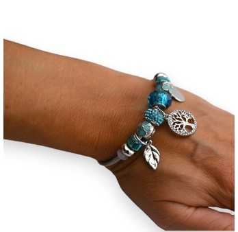 Bracelet charms rigide argenté et turquoise arbre de vie