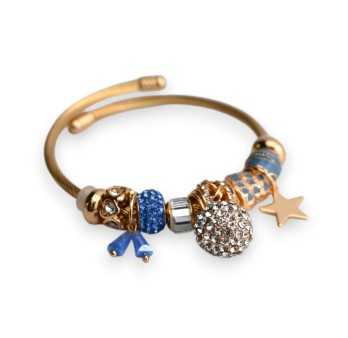 Bracelet charms rigide doré et bleu boule strass