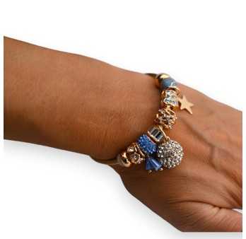 Bracelet charms rigide doré et bleu boule strass