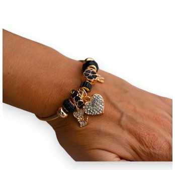 Bracelet charms rigide noir et doré cœur strass