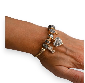 Bracelet charms rigide gris et doré cœur strass