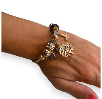 Bracelet charms rigide doré et gris arbre de vie