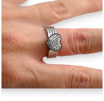 Bague acier argent cœur strass