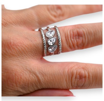 Bague acier argentée large 3 pierres blanches
