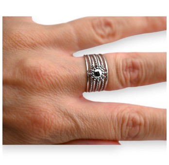 Bague acier argentée soleil