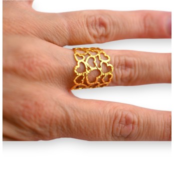 Bague acier large dorée cœurs