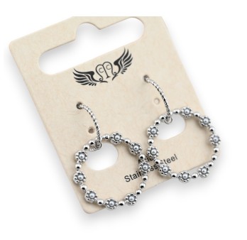 Boucle d'oreilles acier pendantes petites fleurs argentées