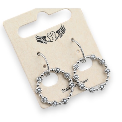 Boucle d'oreilles acier pendantes petites fleurs argentées