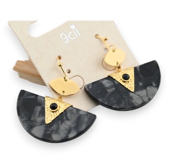 Boucle d'oreille acier doré pendante demi cercle noir marbré