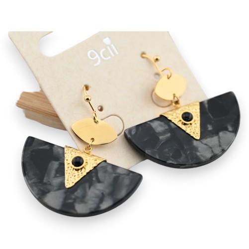 Boucle d'oreille acier doré pendante demi cercle noir marbré