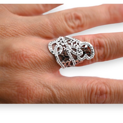 Bague acier argenté arabesque strass