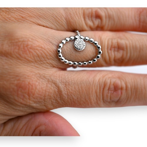 Bague acier argenté ovale rond strass