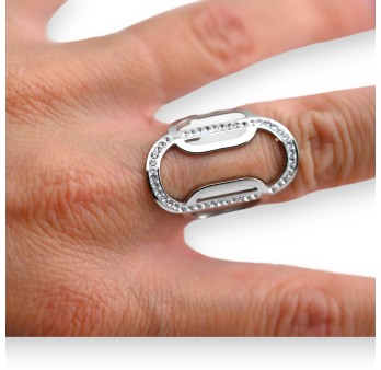 Bague acier argenté forme géométrique ovale