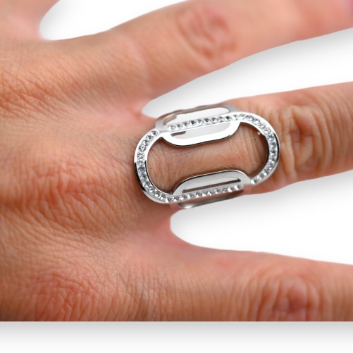 Bague acier argenté forme géométrique ovale