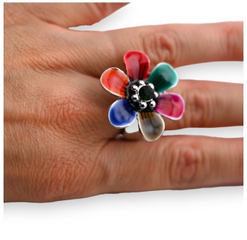 Bague fantaisie argentée fleur multicolore