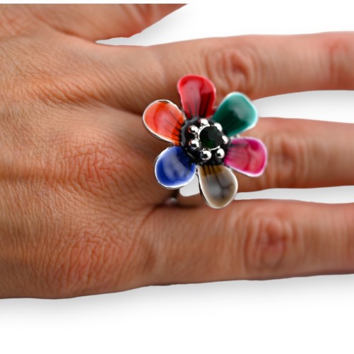 Bague fantaisie argentée fleur multicolore
