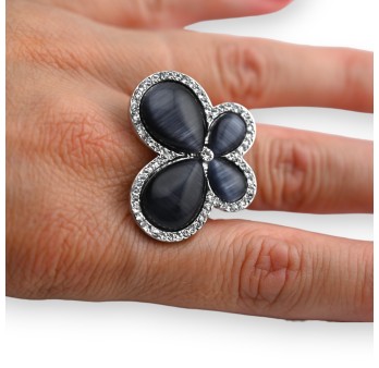 Bague fantaisie argentée papillon noir strass
