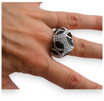 Bague fantaisie argentée strass et pierres noires