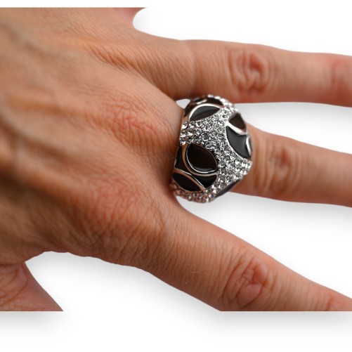 Bague fantaisie argentée strass et pierres noires