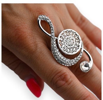 Bague fantaisie argentée clé de sol strass