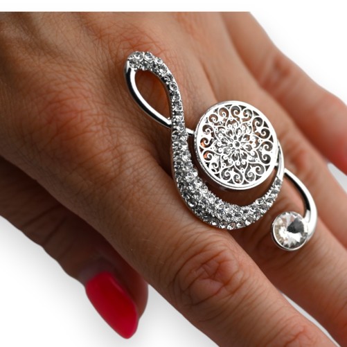 Bague fantaisie argentée clé de sol strass