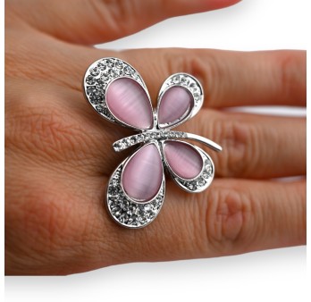 Bague fantaisie argentée papillon rose et strass