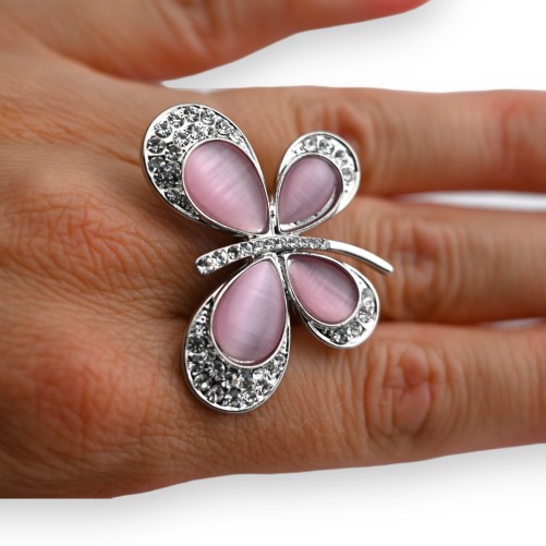Bague fantaisie argentée papillon rose et strass