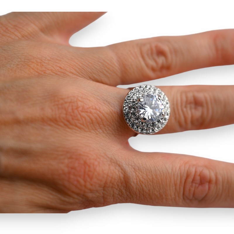 Bague fantaisie ronde argentée strass