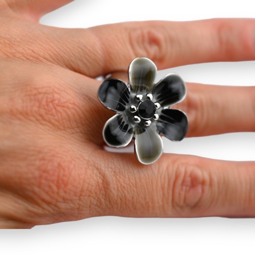 Bague fantaisie argenté fleur noire