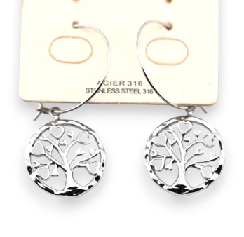 Boucle d'oreille acier argenté pendante arbre de vie blanc