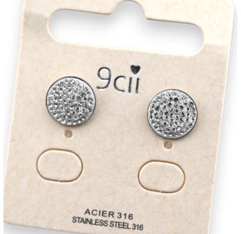 Boucle d'oreille acier argenté ronde strass