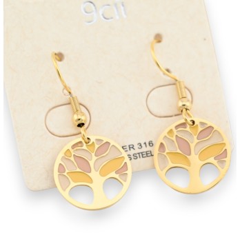 Boucle d'oreille acier doré arbre de vie pastel