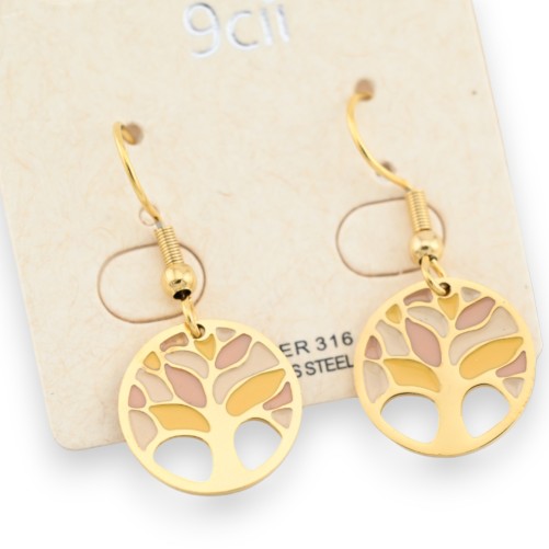 Boucle d'oreille acier doré arbre de vie pastel