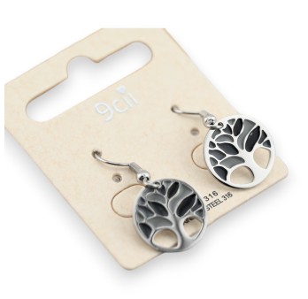 Boucle d'oreille acier argenté arbre de vie noir et gris