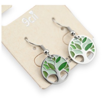 Boucle d'oreille acier argenté arbre de vie vert