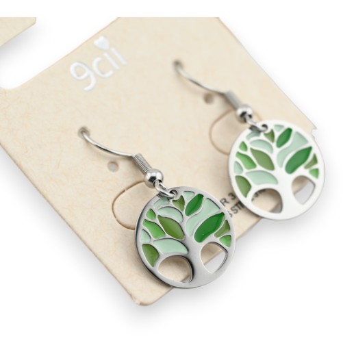 Boucle d'oreille acier argenté arbre de vie vert