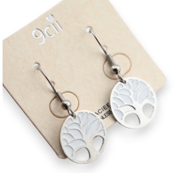 Boucle d'oreille acier argenté arbre de vie blanc