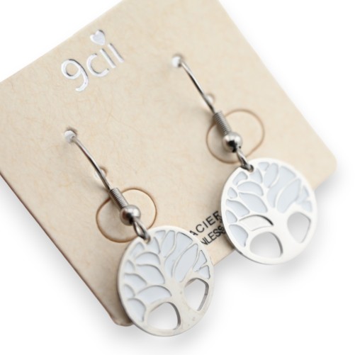 Boucle d'oreille acier argenté arbre de vie blanc