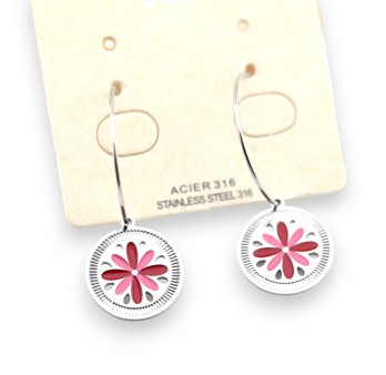 Boucle d'oreille acier argenté pendante breloque fleur rose