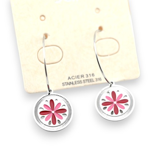 Boucle d'oreille acier argenté pendante breloque fleur rose