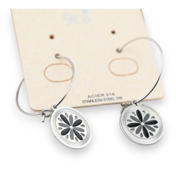 Boucle d'oreille acier argenté pendante breloque fleur noire